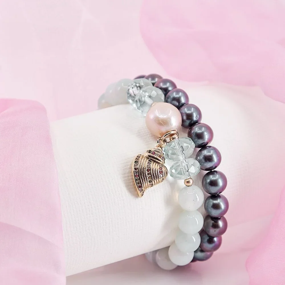Charm Bracelet Set of 2, Black Peacock Pearls & Agate Edison Pearl w/Shell Charm